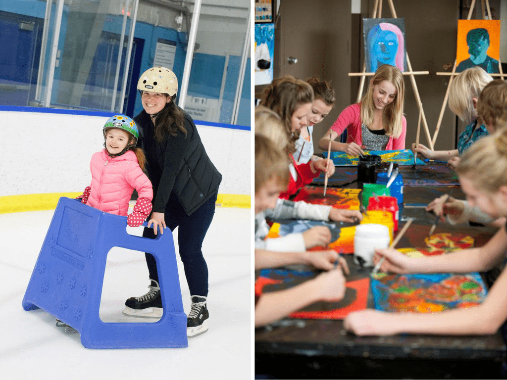 A child skates at an ice rink and children do arts and crafts
