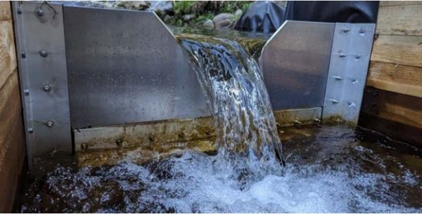 Water flows over a small weir in a creek. 